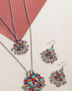 Ethnic Afghani Boho Multicolour Metal Long Necklace With Earrings Set-00