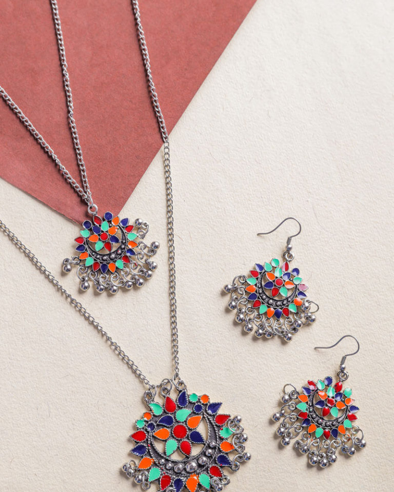 Ethnic Afghani Boho Multicolour Metal Long Necklace With Earrings Set-00