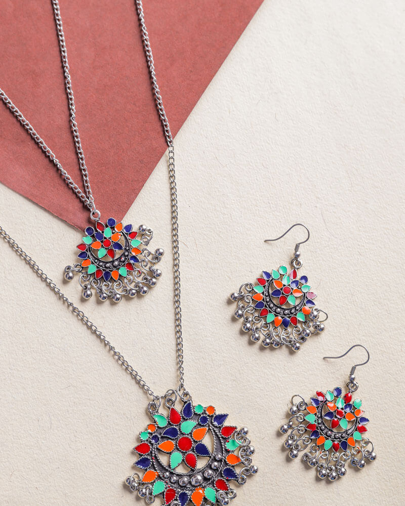 Ethnic Afghani Boho Multicolour Metal Long Necklace With Earrings Set-00