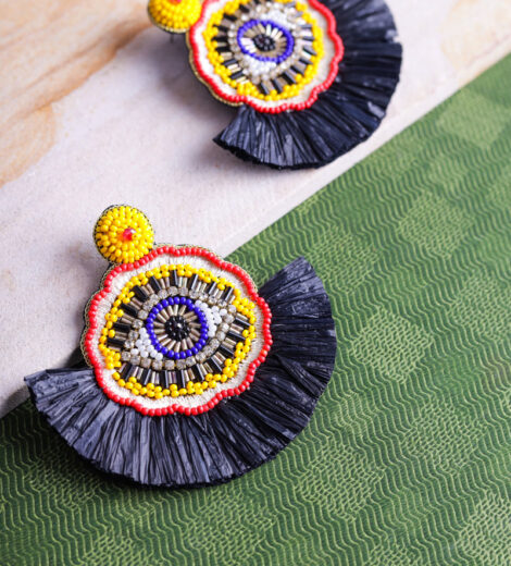 Handcrafted Black Evil Eye Fan Beaded Earrings