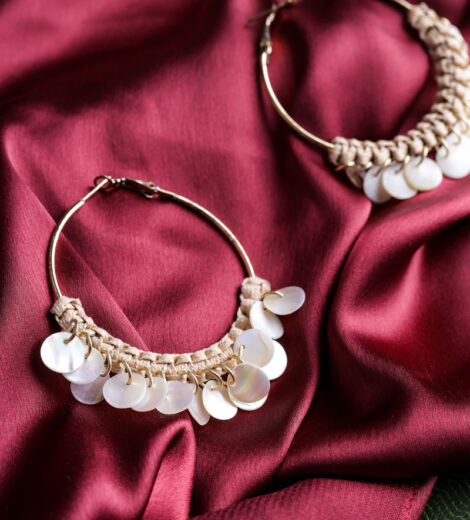 Exquisite Cream Sequin Shell Hoop Earrings