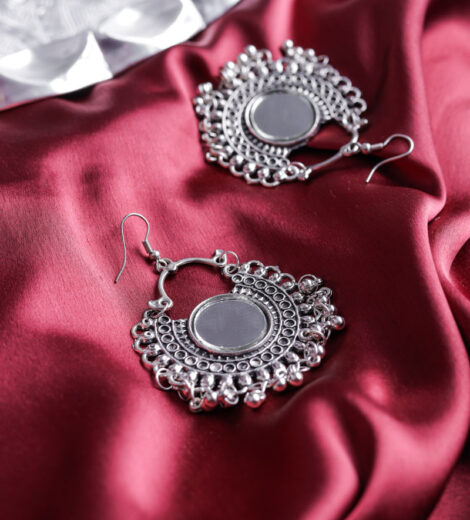 Traditional Silver Metallic Afghani Mirror Ghungroo Dangle Earrings | Ethnic Earrings