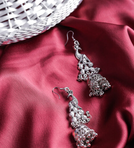 Traditional Silver Metallic Lightweight Peacock Jhumka Earrings | Ethnic Jhumki Earrings