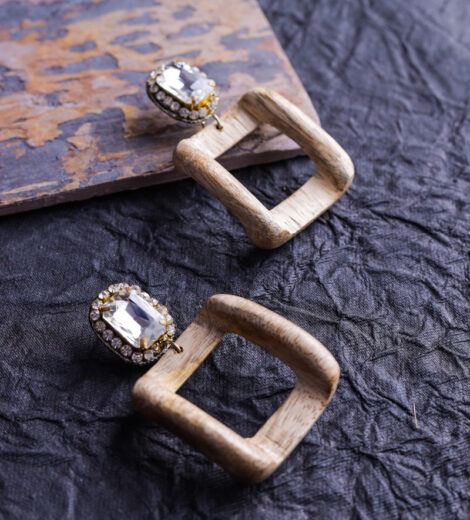Square Wooden Handmade Crystal Stone Dangle Earrings | Drop Earrings