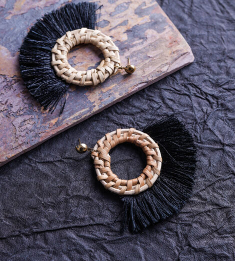 Sustainable Bamboo Black Fan Hoop Earrings