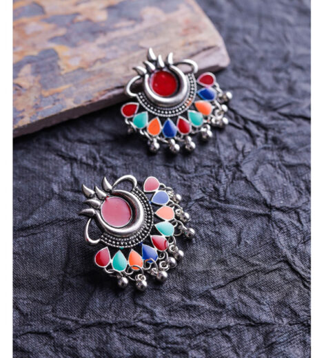 Multicolour Metallic Ghungroo Chandbali Dangle Earrings | Meenakari Earrings