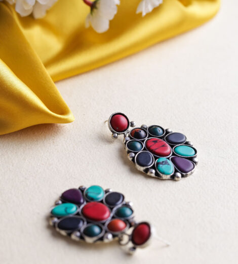 Multicolour Metallic Oval Dangle Earrings | Meenakari Earrings