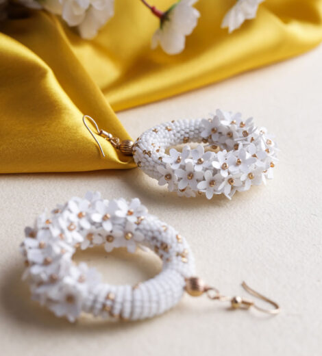 White Flower Beaded Hoop Earrings