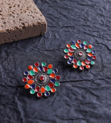 Multicolour Metallic Stud Traditional Earrings | Meenakari Earrings