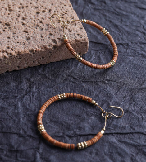 Wooden Disc Handmade Beaded Hoop Earrings | Dangle Earrings
