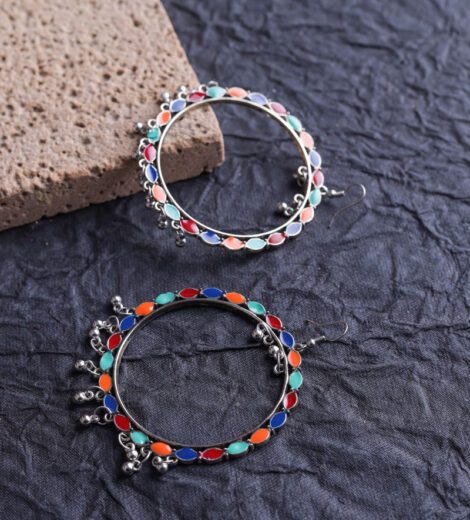 Multicolour Metallic Ghungroo Chanbali Hoop Earrings | Meenakari Earrings