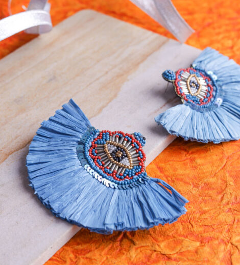 Handcrafted Blue Evil Eye Fan Beaded Earrings