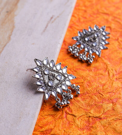 Handcrafted Silver Metallic Triangle Ghungroo Dangle Earrings | Ethnic Earrings