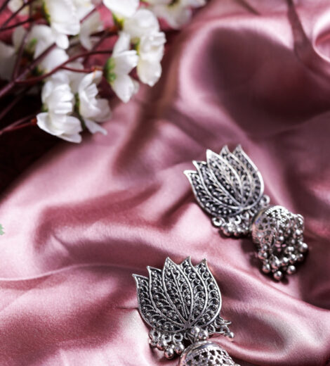 Traditional Silver Metallic Lightweight Lotus Jhumka Earrings | Ethnic Jhumki Earrings