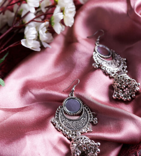 Traditonal Silver Metallic Afghani Mirror Lightweight Jhumka Earrings | Ethnic Jhumki Earrings