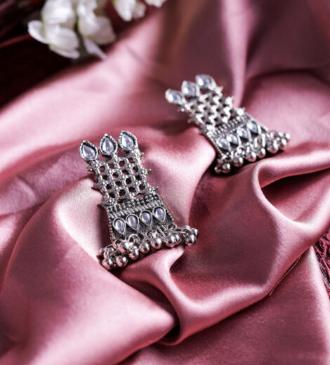 Handcrafted Silver Metallic Silver Square Ghungroo Dangle Earrings | Ethnic Earrings