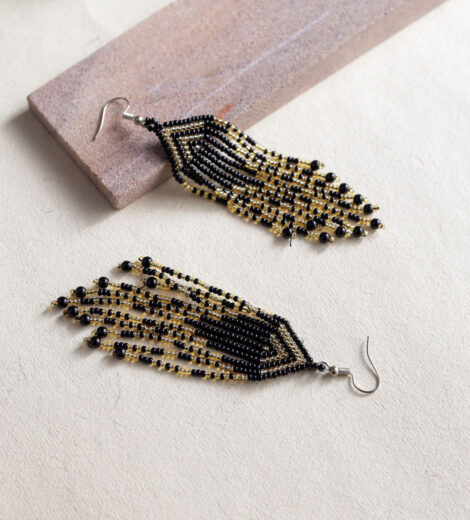 Golden Black Brick Stitch Minimalist Fringe Beaded Earrings | Dangle Earrings