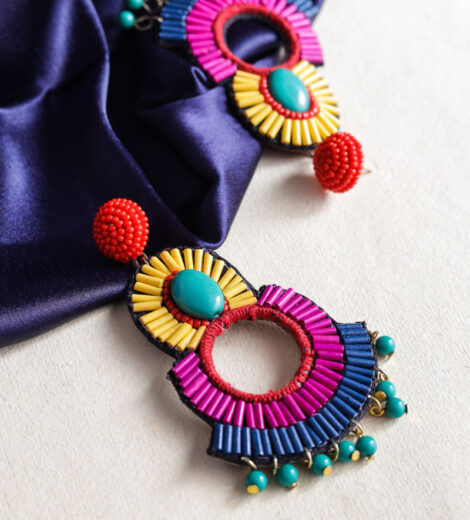Multicolour Mosaic Beaded Hoop Earrings | Dangle Earrings