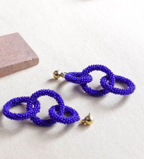Sustainable Blue Beaded Triple Round Link Dangle Earrings