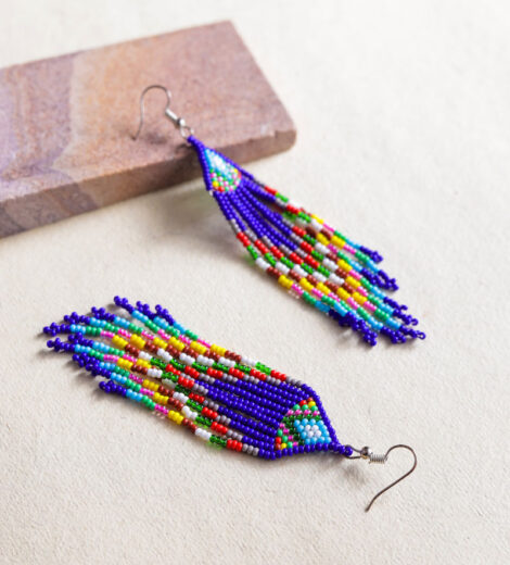 Blue Brick Stitch Minimalist Fringe Beaded Earrings | Dangle Earrings