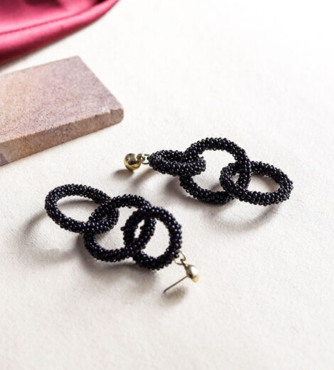 Sustainable Black Beaded Triple Round Link Dangle Earrings