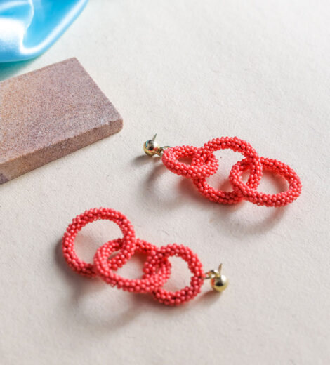 Sustainable Coral Pink Beaded Triple Round Link Dangle Earrings