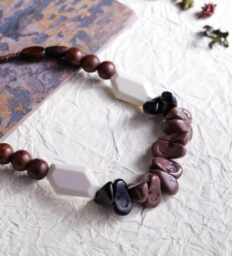 Handcrafted Brown Black White Resin Bead and Wood Necklace