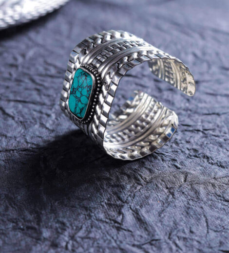 Natural Turquoise Stone Antique Metal Cuff Bracelet