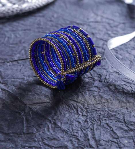 Traditional Handmade Blue Pipe Golden Bead Metal Spiral Cuff Bracelet