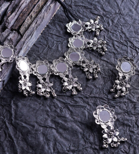 Silver Metal Flower Mirror Choker Set With Earrings