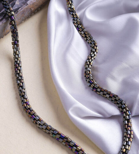 Metallic Black Bead Braid Long Necklace