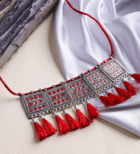 Silver Metal Red Tassel Choker