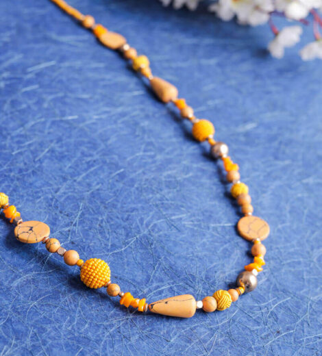 Yellow Beaded Ball Disc Wood Long Necklace