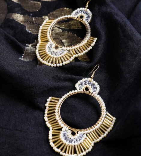 Golden White Handcrafted Beaded Hoop Earrings | Drop Earrings