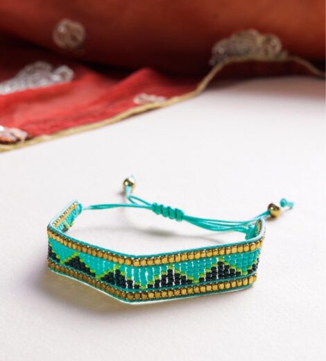 Geometric Pattern Handmade Sky Blue and Teal Blue Beaded Bracelet