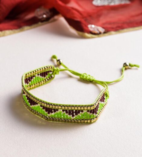 Geometric Pattern Handmade Green And Brown Beaded Bracelet
