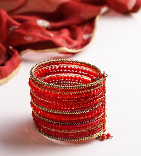 Traditional Handmade Red and Golden Bead Spiral Bracelet/Cuff