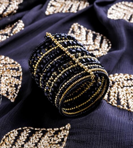 Black Faceted And Uncut Stone Handmade Metal Bead Spiral Bracelet/Cuff