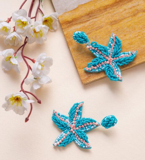 Turquoise Beads and Pearl Handmade Starfish Dangle Earrings