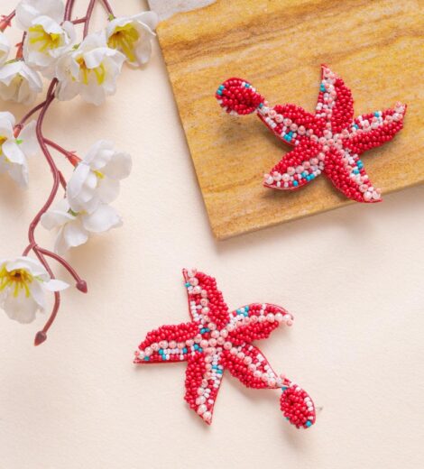 Red Beads and Pearl Handmade Starfish Dangle Earrings