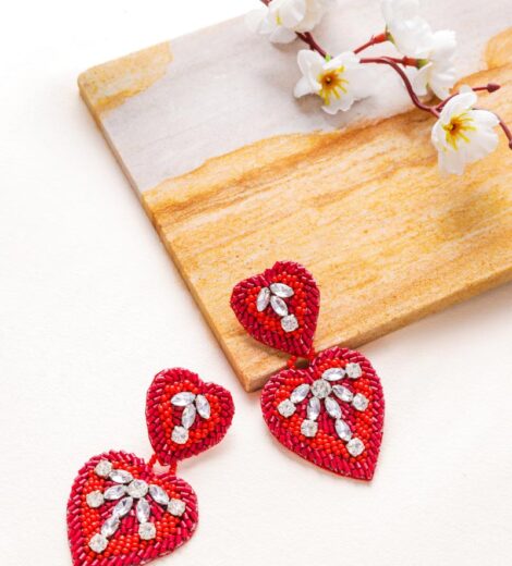 Handcrafted Red Bugle Beaded Crystal Stone Drop Earrings | Heart Shape Earrings