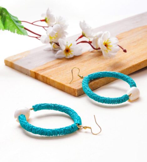 Flower Sequence and Cowrie Shell Turquoise Hoop Earrings