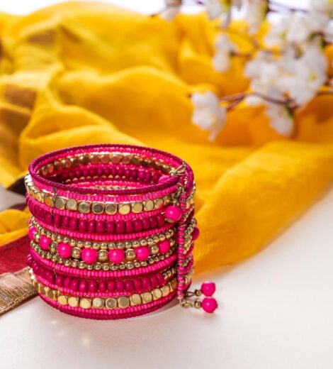 Traditional Handmade Pink and Golden Bead Spiral Bracelet/Cuff
