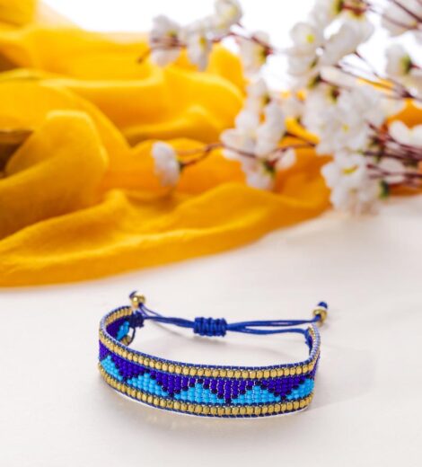 Geometric Pattern Handmade Sky Blue And Blue Beaded Bracelet