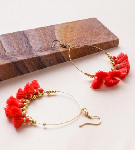 Scarlet Red Exquisite Mini Tassel Hoop Earrings | Beaded Hoop Earrings