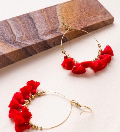 Crimson Red Exquisite Mini Tassel Hoop Earrings | Beaded Hoop Earrings