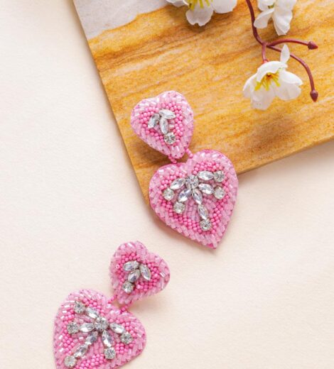 Handmade Pink Bugle Beaded Crystal Stone Drop Earrings | Heart Shape Earrings