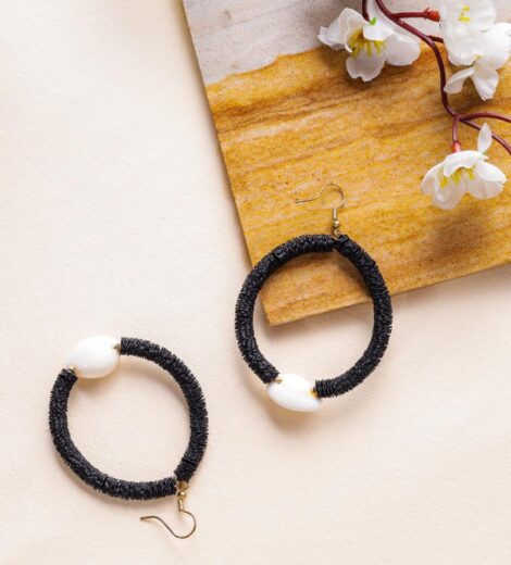 Flower Sequence and Cowrie Shell Black Hoop Earrings