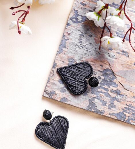 Black Heart Shape Metal and Raffia Earrings