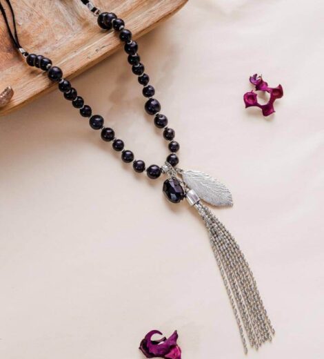 Labradrorite Stone Long Bead Suede Necklace With Metal Tassel And Leaf